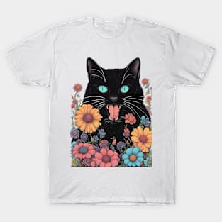 aesthetic black cat floral T-Shirt